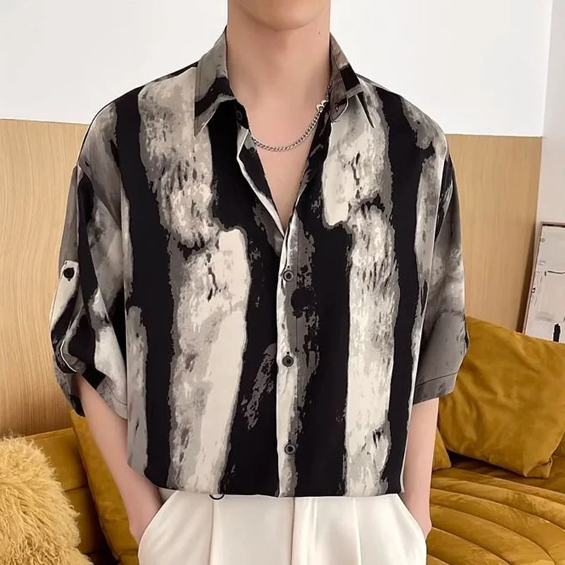 אופנה דש כפתור משולבים כל-התאמה מודפסים, חולצות בגדי גברים 2023 הקיץ החדש משוחרר מזדמן מקסימום חצי שרוול החולצה קוריאנית התמונה 0