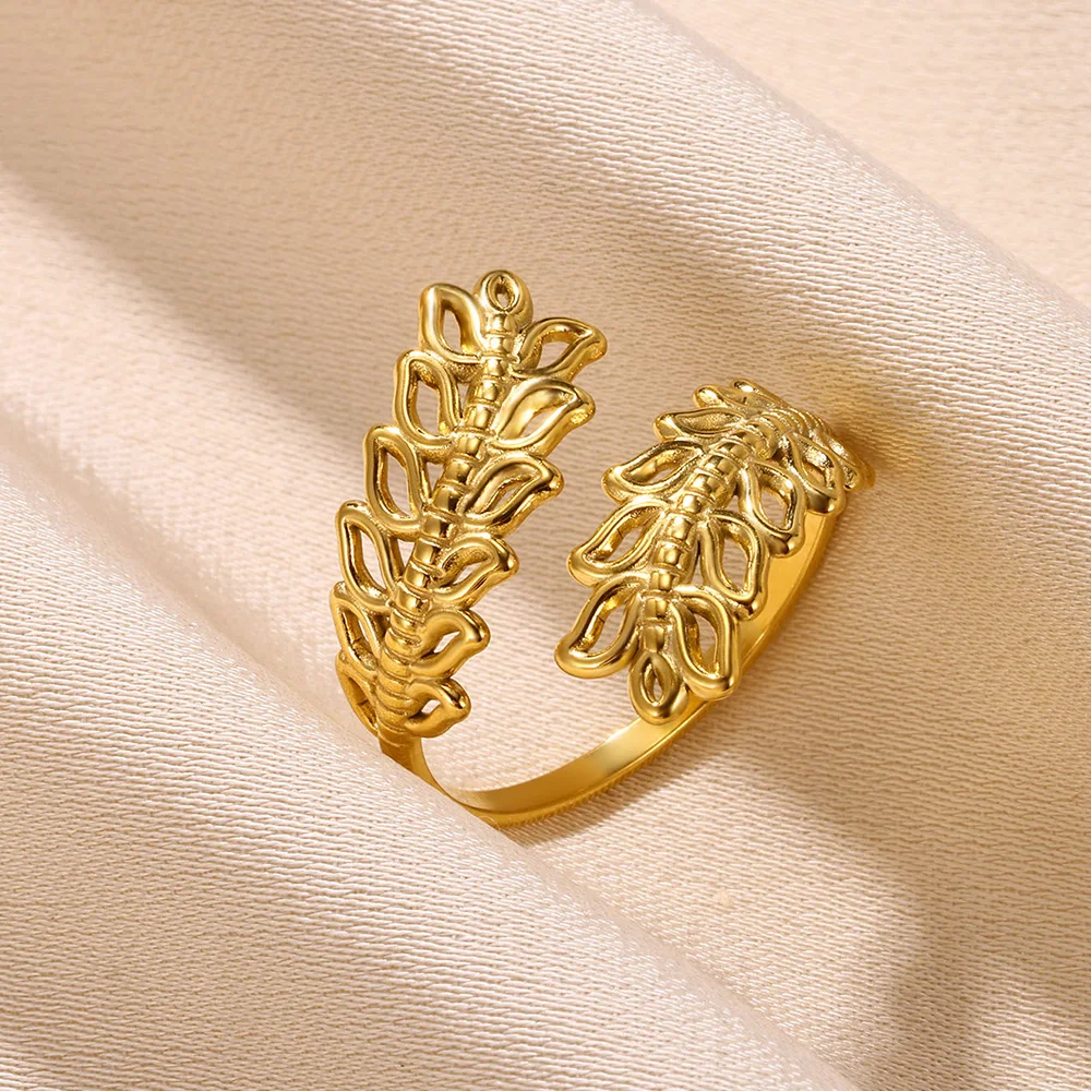 טבעות נירוסטה עבור נשים צבע זהב תכשיטים חלול צורת עלה טבעת פתוחה היפי פאנק תכשיטי המסיבה מתנה חדשה משלוח חינם התמונה 0