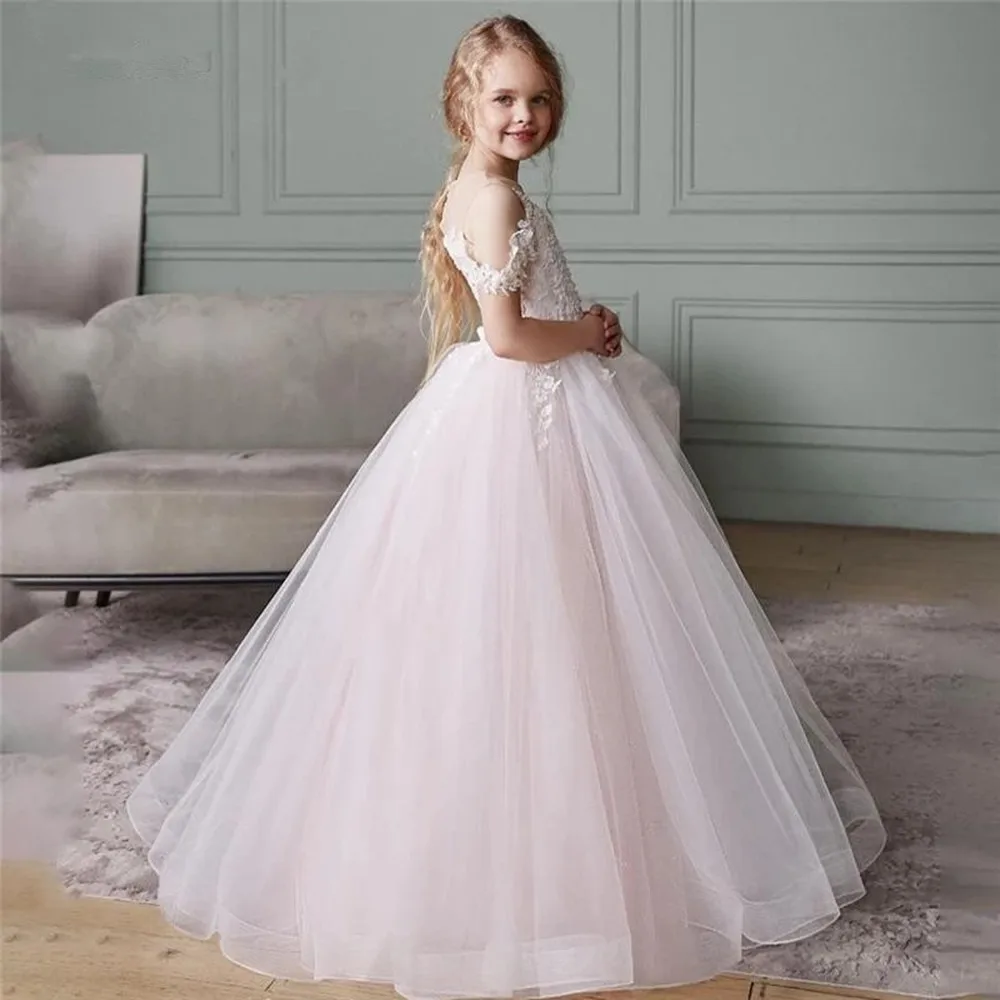 פרח ילדה שמלות תחרה אפליקציה טהורה הקולר על החתונה הנסיכה הקטנה חמוד הטקס הראשון הילדים יום הולדת שמלות נשף התמונה 0