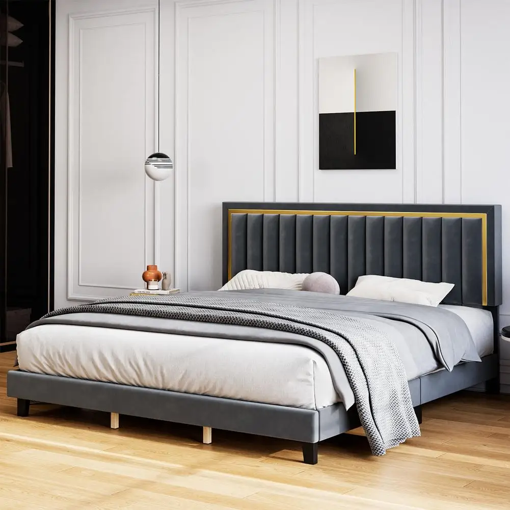 קטיפה מרופד פלטפורמה המיטה מתכוונן עם המיטה המצויץ מסגרת מיטה לא מיטה צורך בשחור התמונה 0