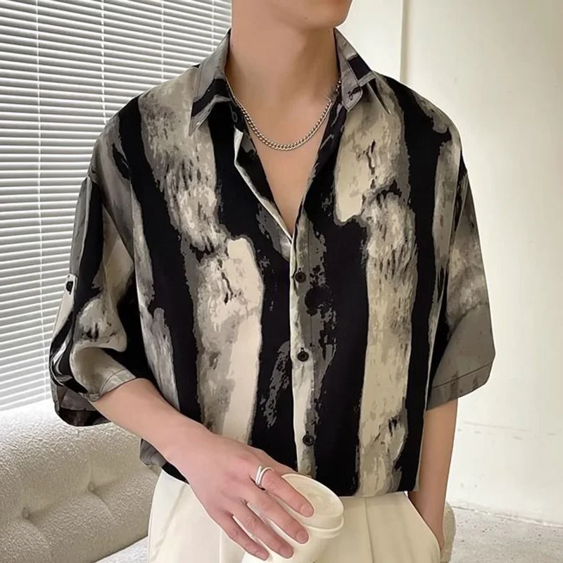 אופנה דש כפתור משולבים כל-התאמה מודפסים, חולצות בגדי גברים 2023 הקיץ החדש משוחרר מזדמן מקסימום חצי שרוול החולצה קוריאנית התמונה 1