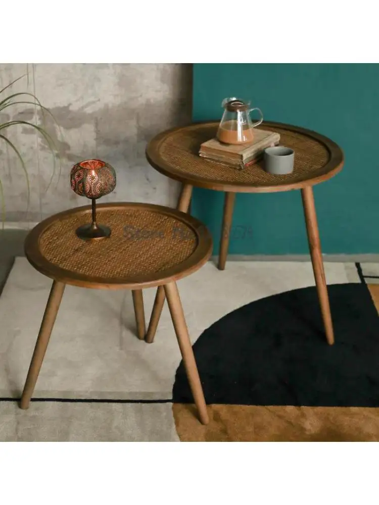 בוהמי האמריקאי רטרו מעץ מלא שולחן קפה קש ספה שולחן צד מרפסת פינת שולחן עגול homestay פנאי שולחן התמונה 1