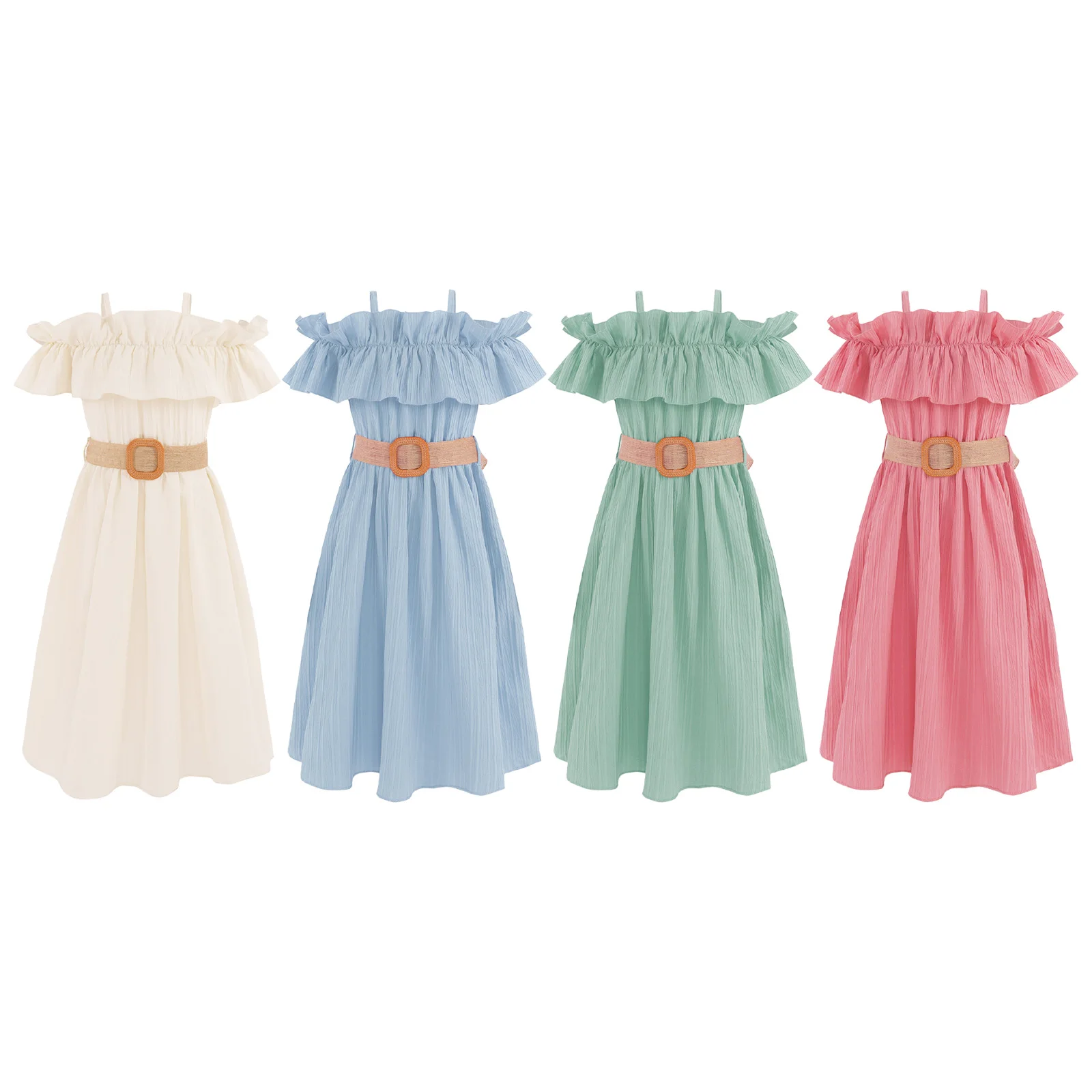ילדים הבנות לפרוע את שמלת קיץ מחוץ כתף ספגטי רצועת השמלה נופש מזדמן צבע מוצק שמלות עם חגורת התמונה 1