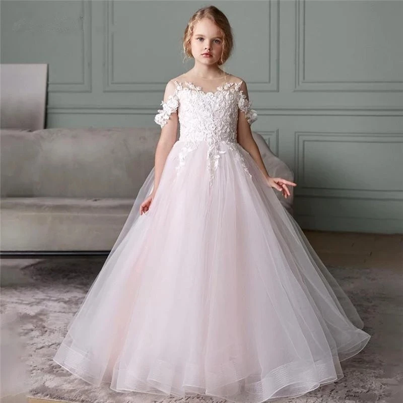פרח ילדה שמלות תחרה אפליקציה טהורה הקולר על החתונה הנסיכה הקטנה חמוד הטקס הראשון הילדים יום הולדת שמלות נשף התמונה 1