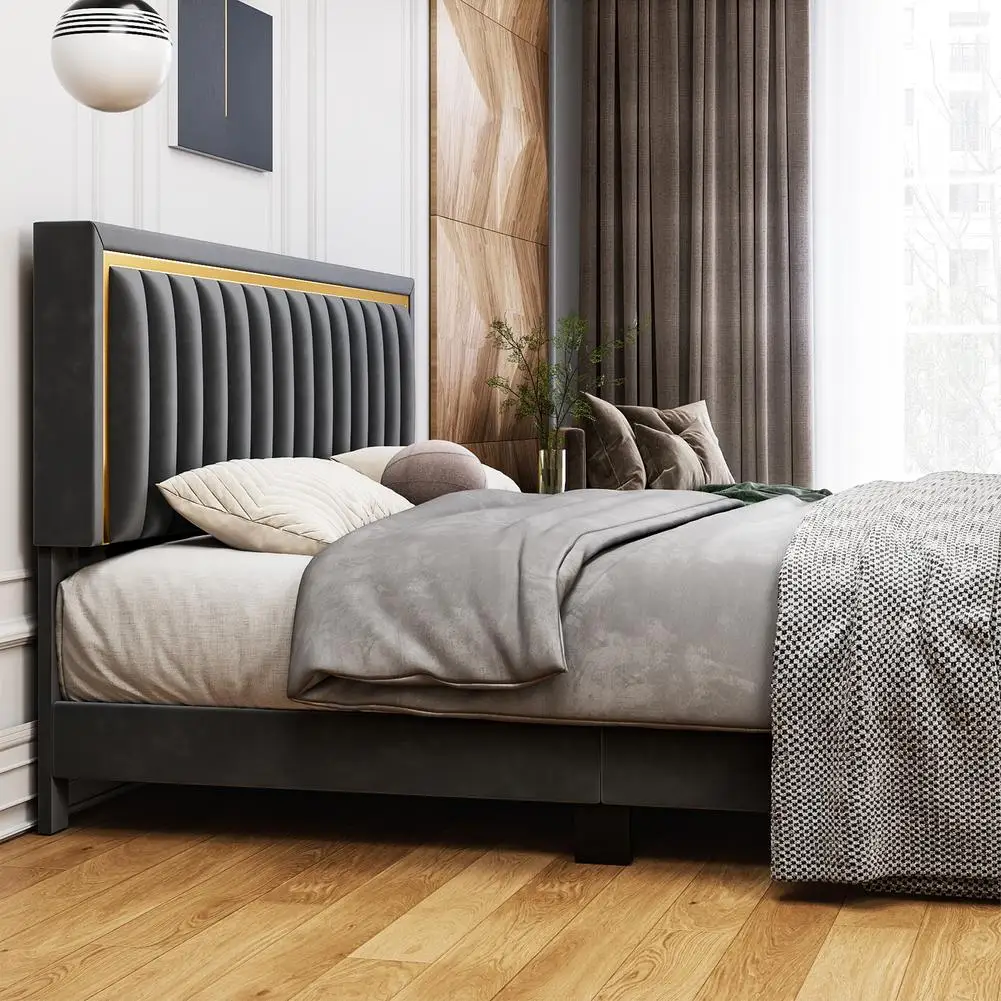 קטיפה מרופד פלטפורמה המיטה מתכוונן עם המיטה המצויץ מסגרת מיטה לא מיטה צורך בשחור התמונה 1