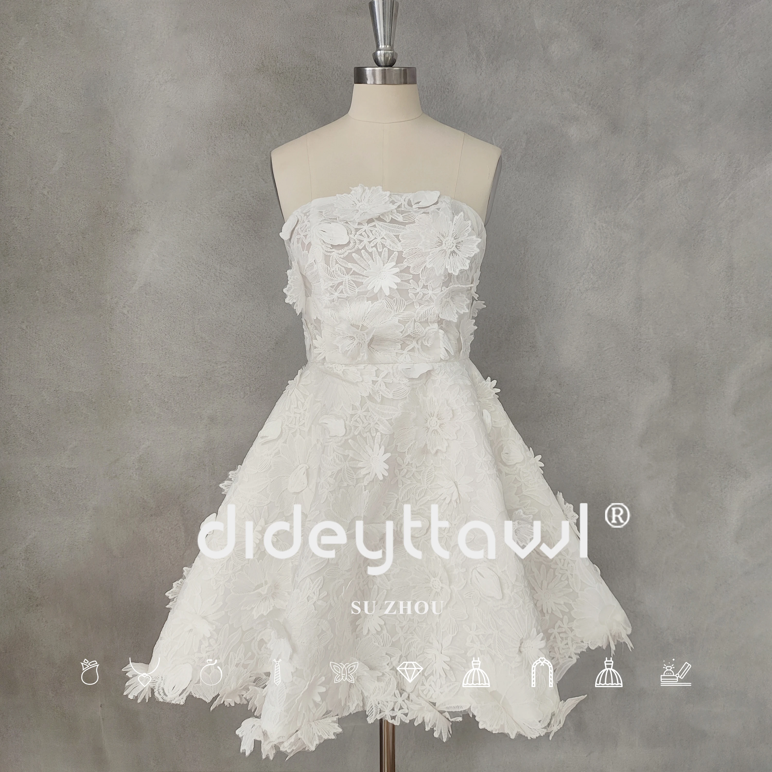 DIDEYTTAWL צילום אמיתי ללא שרוולים 3D פרחים אפליקציות קצר מסיבת חתונה שמלה קו A רוכסן בחזרה מיני אורך שמלת כלה. התמונה 2