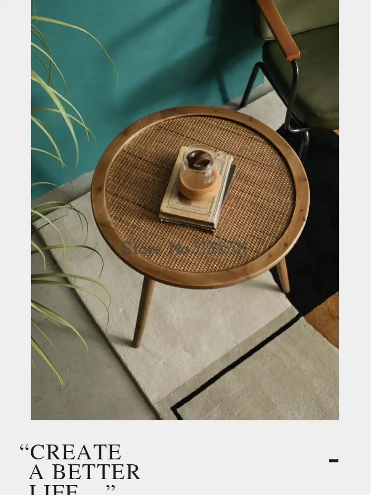 בוהמי האמריקאי רטרו מעץ מלא שולחן קפה קש ספה שולחן צד מרפסת פינת שולחן עגול homestay פנאי שולחן התמונה 3