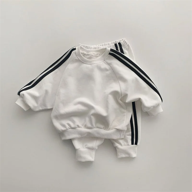 בנים בנות אביב סתיו ילדים חדש אופנה מגניב פסים שרוול ארוך צוואר עגול העליון מכנסיים פנאי ספורט שני חלקים התינוק חליפה התמונה 3