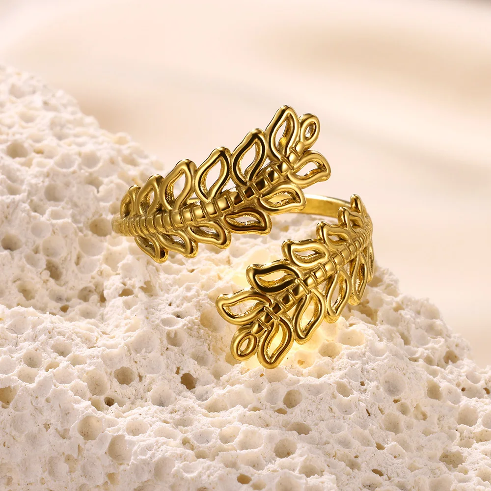 טבעות נירוסטה עבור נשים צבע זהב תכשיטים חלול צורת עלה טבעת פתוחה היפי פאנק תכשיטי המסיבה מתנה חדשה משלוח חינם התמונה 3