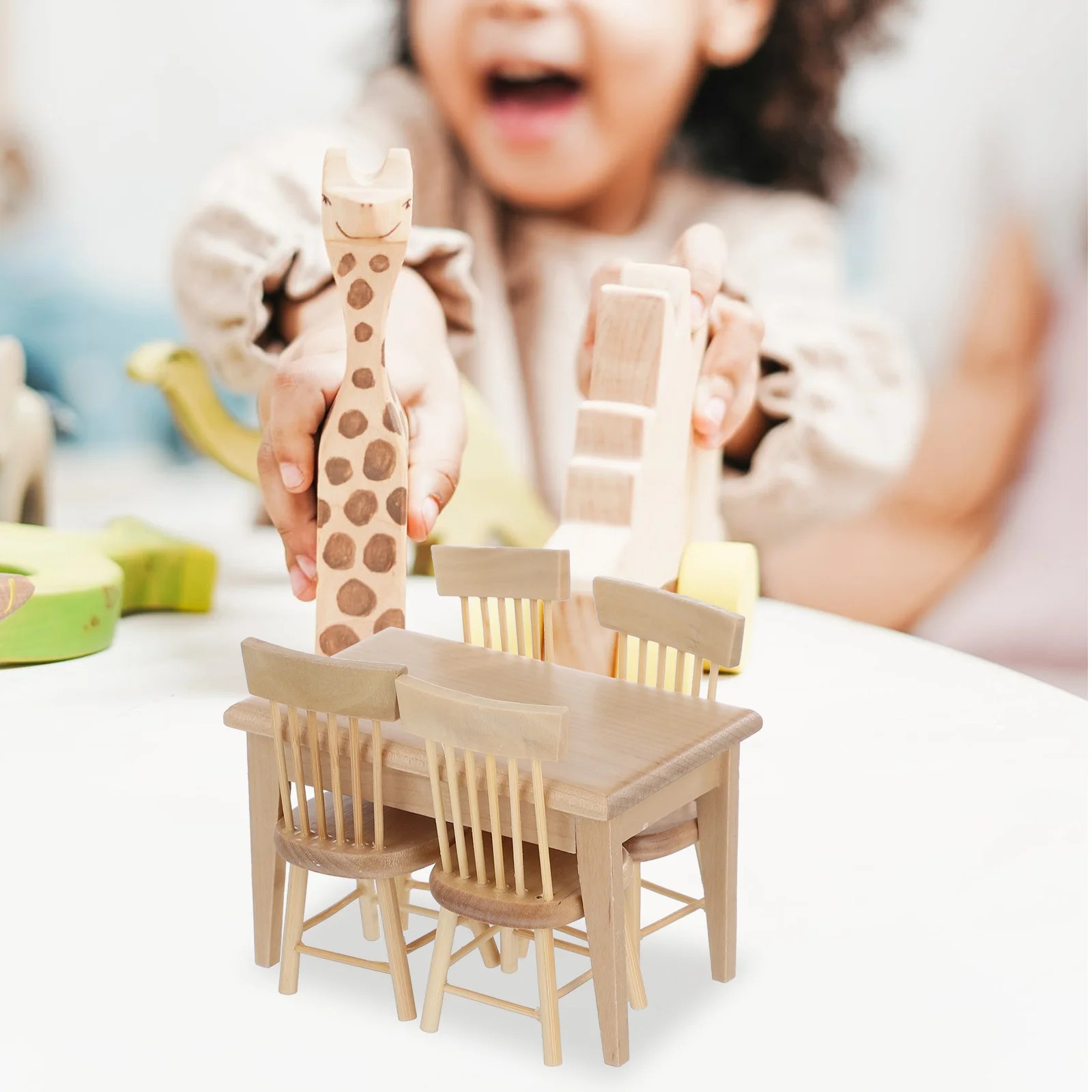 מיני שולחן כיסאות בית בובות קישוט קטן קישוט סט ריהוט עץ אלון דקורטיביים אביזרים התמונה 3