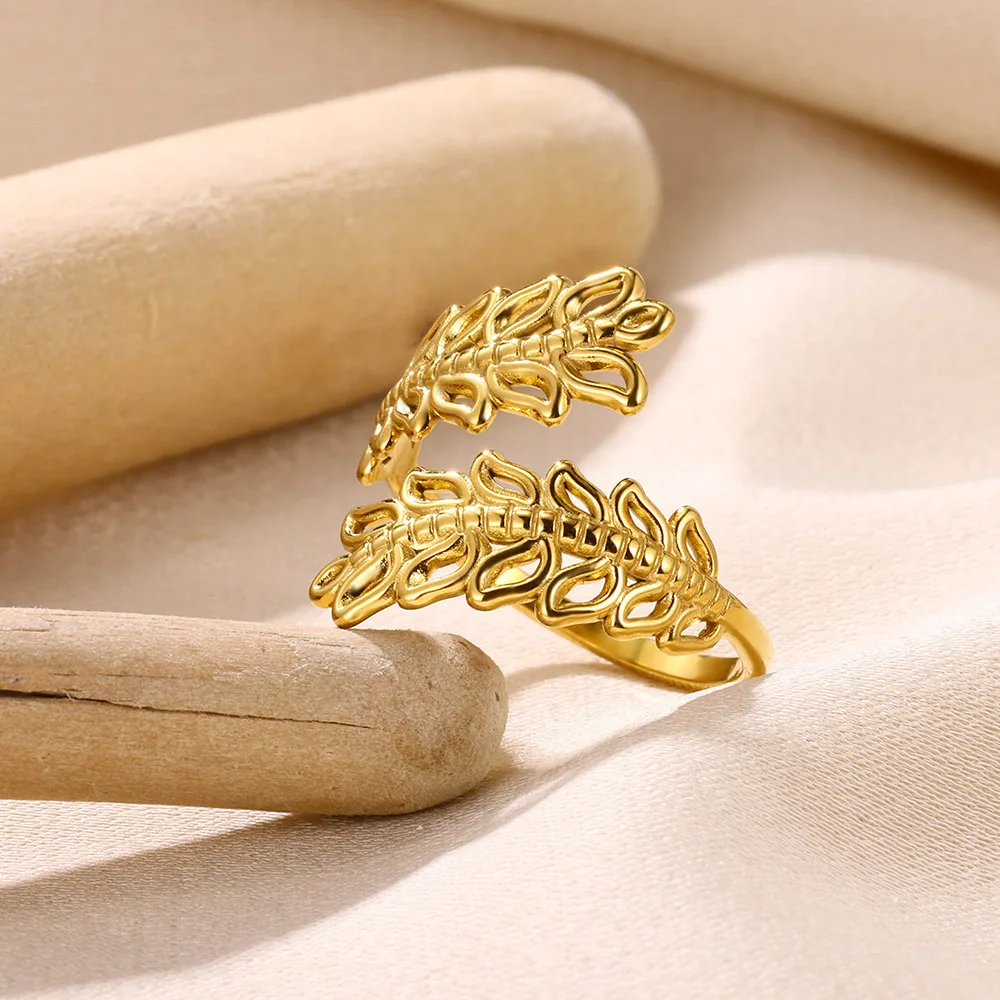 טבעות נירוסטה עבור נשים צבע זהב תכשיטים חלול צורת עלה טבעת פתוחה היפי פאנק תכשיטי המסיבה מתנה חדשה משלוח חינם התמונה 4